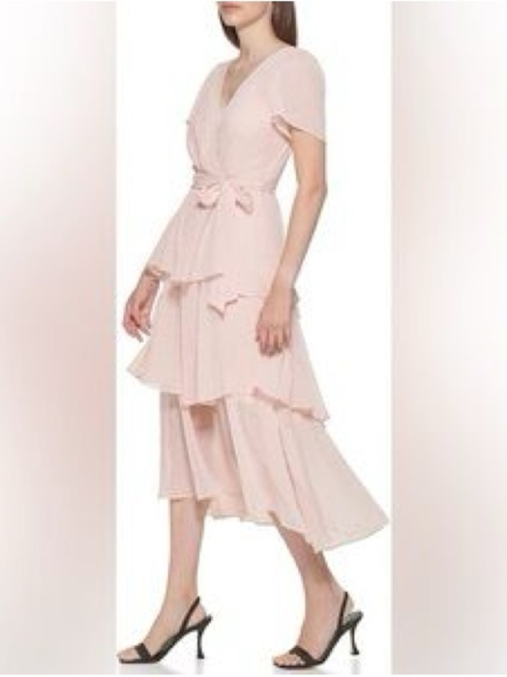 Calvin Klein Blush Pink High-Low Ruffle Wrap Dress